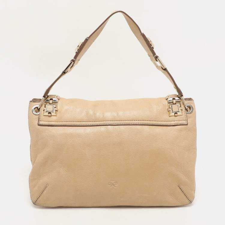 Pre Owned Anya Hindmarch Beige Leather Studded Flap Top Handle Bag
