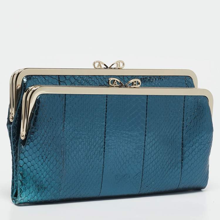Pre Owned Anya Hindmarch Metallic Blue Watersnake Double Frame Clutch