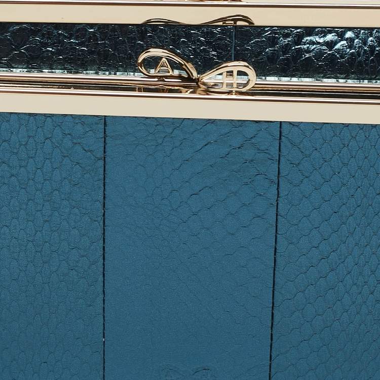 Pre Owned Anya Hindmarch Metallic Blue Watersnake Double Frame Clutch