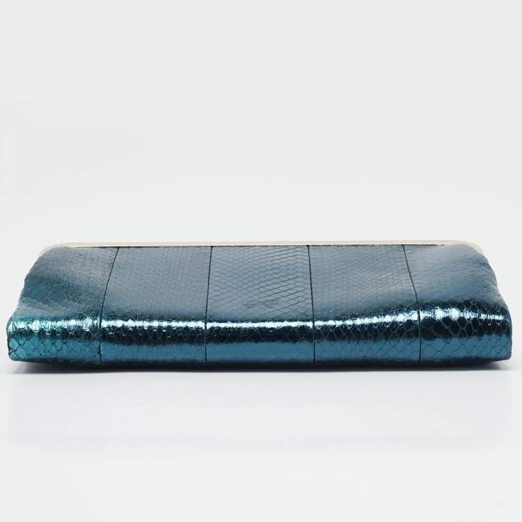 Pre Owned Anya Hindmarch Metallic Blue Watersnake Double Frame Clutch