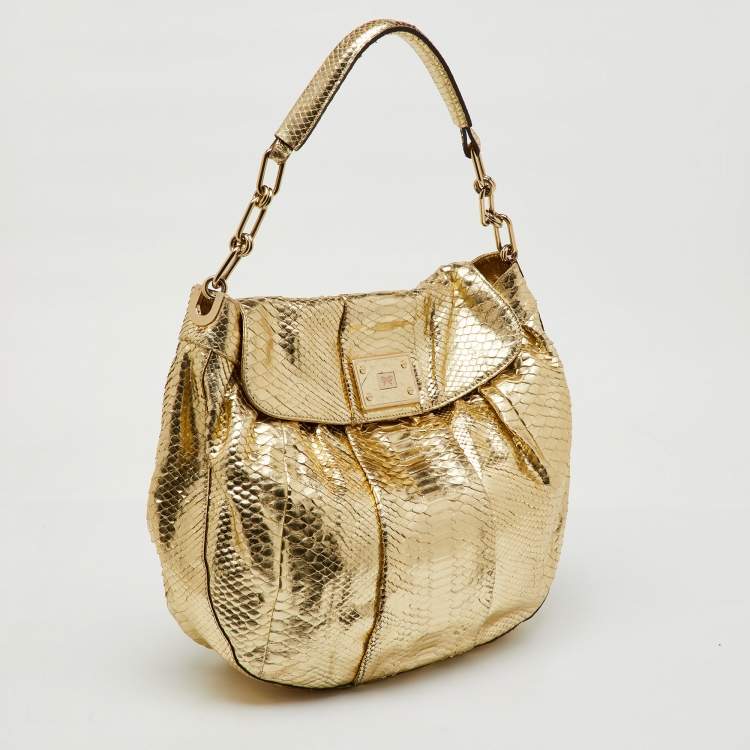 Pre Owned Anya Hindmarch Metallic Gold Python Flap Shoulder Bag