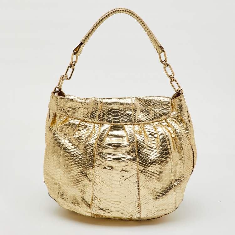 Pre Owned Anya Hindmarch Metallic Gold Python Flap Shoulder Bag