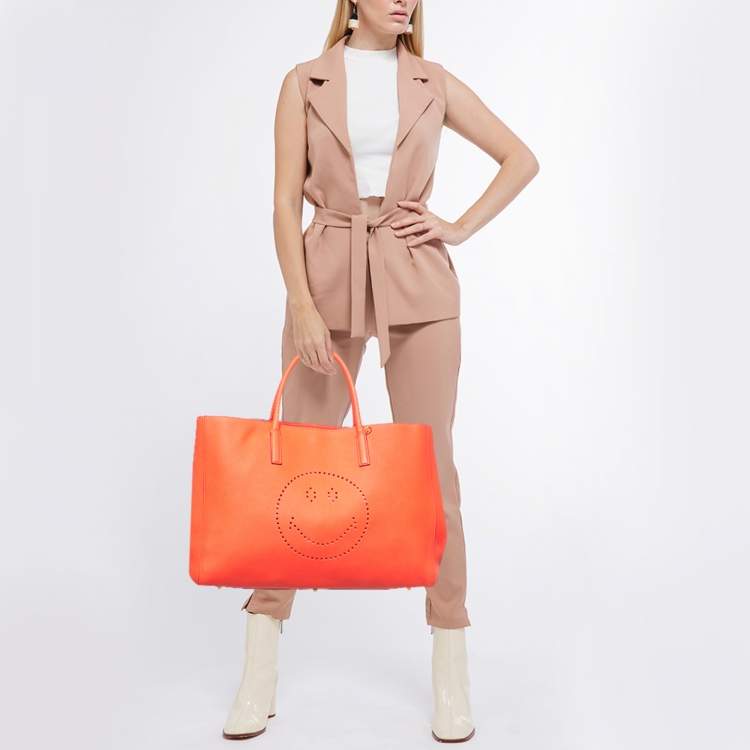 Pre Owned Anya Hindmarch Neon Orange Leather Featherweight Smiley Ebury Tote