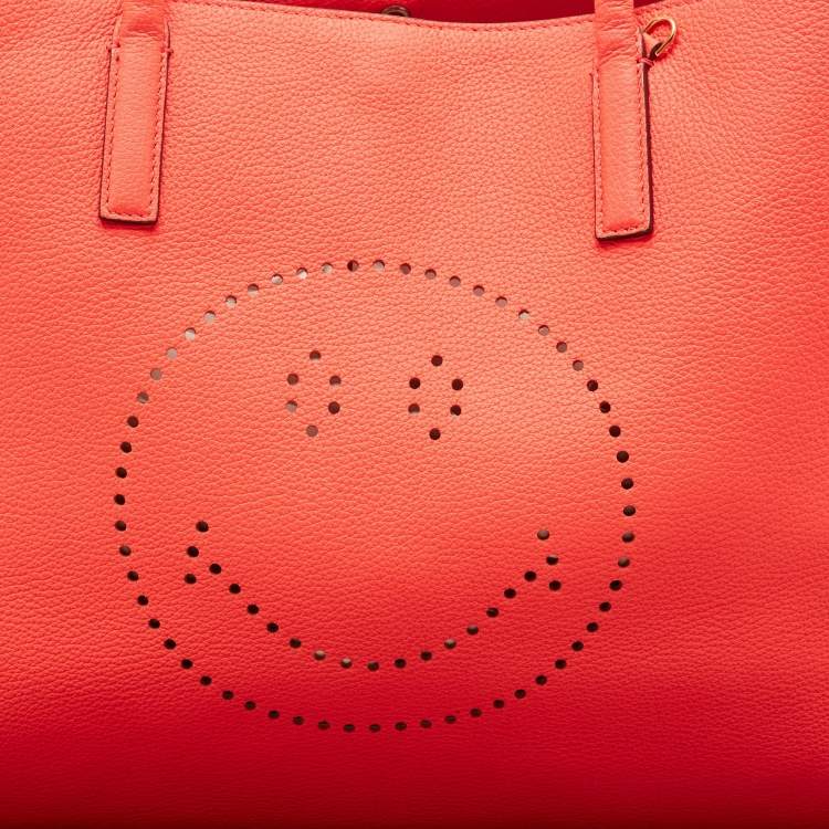 Pre Owned Anya Hindmarch Neon Orange Leather Featherweight Smiley Ebury Tote