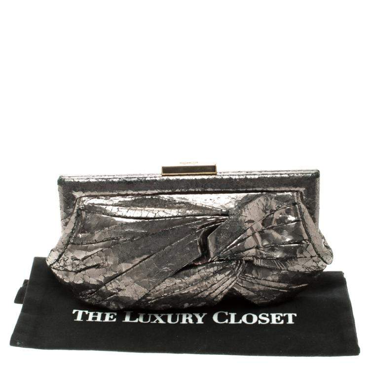 Pre Owned Anya Hindmarch Metallic Silver Crackled Leather Frame Clutch