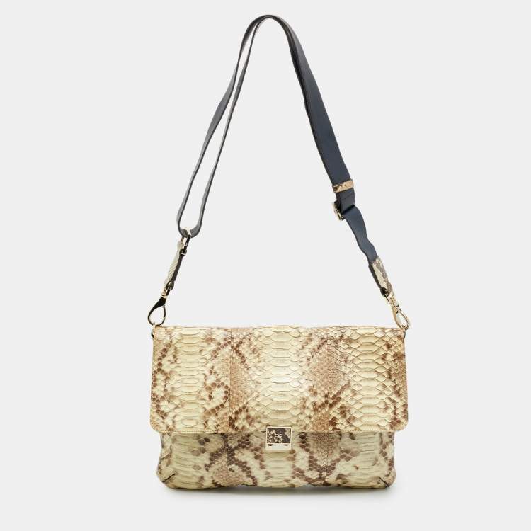 Pre Owned Anya Hindmarch Logo Flap Cream/Navy Blue Python and Leather Shoulder Bag