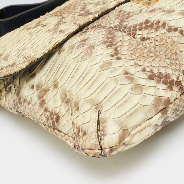 Pre Owned Anya Hindmarch Logo Flap Cream/Navy Blue Python and Leather Shoulder Bag