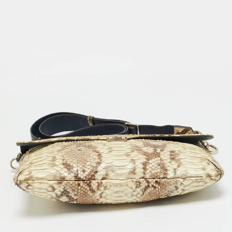 Pre Owned Anya Hindmarch Logo Flap Cream/Navy Blue Python and Leather Shoulder Bag