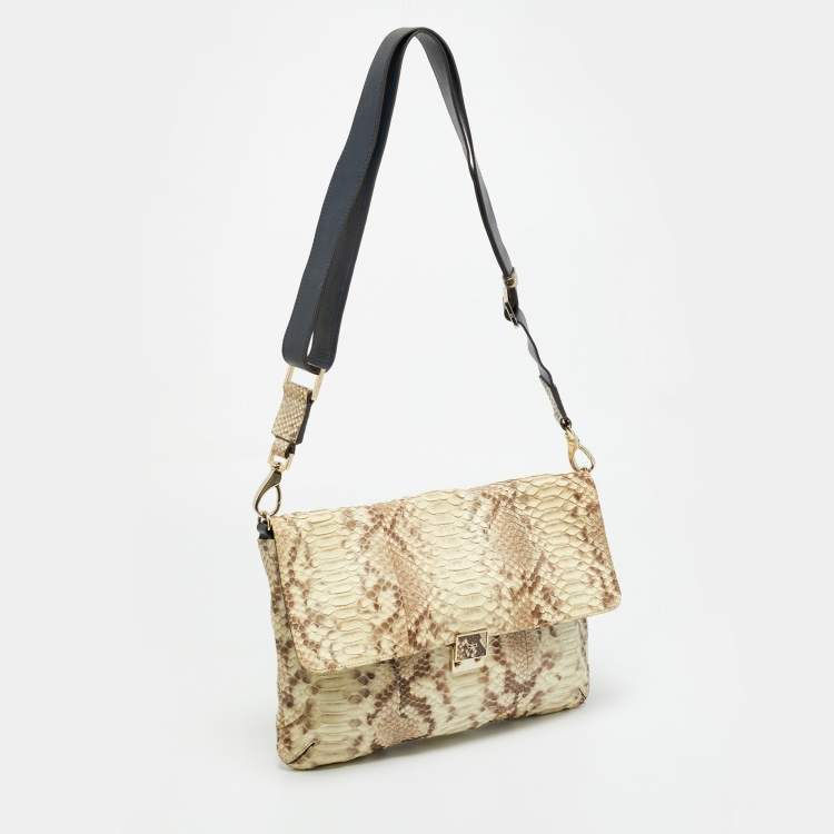 Pre Owned Anya Hindmarch Logo Flap Cream/Navy Blue Python and Leather Shoulder Bag