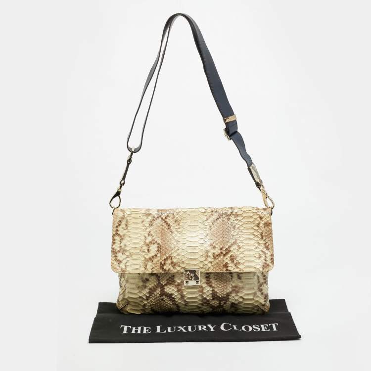 Pre Owned Anya Hindmarch Logo Flap Cream/Navy Blue Python and Leather Shoulder Bag