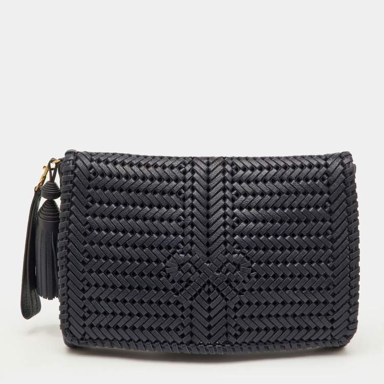 Pre Owned Anya Hindmarch Navy Blue Woven Leather Wristlet Clutch