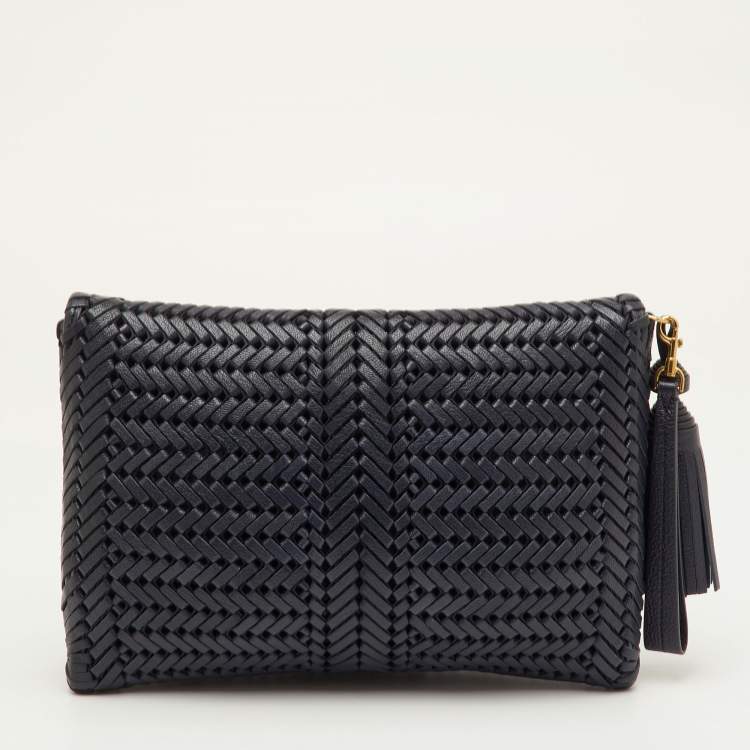 Pre Owned Anya Hindmarch Navy Blue Woven Leather Wristlet Clutch