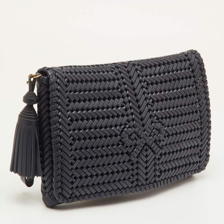 Pre Owned Anya Hindmarch Navy Blue Woven Leather Wristlet Clutch