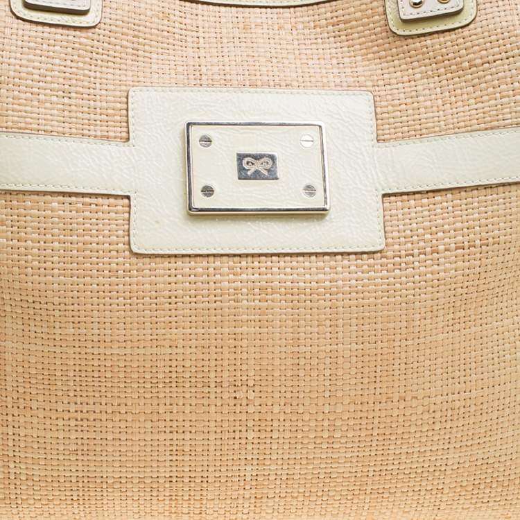 Pre Owned Anya Hindmarch Beige/Cream Raffia and Patent Leather Tote