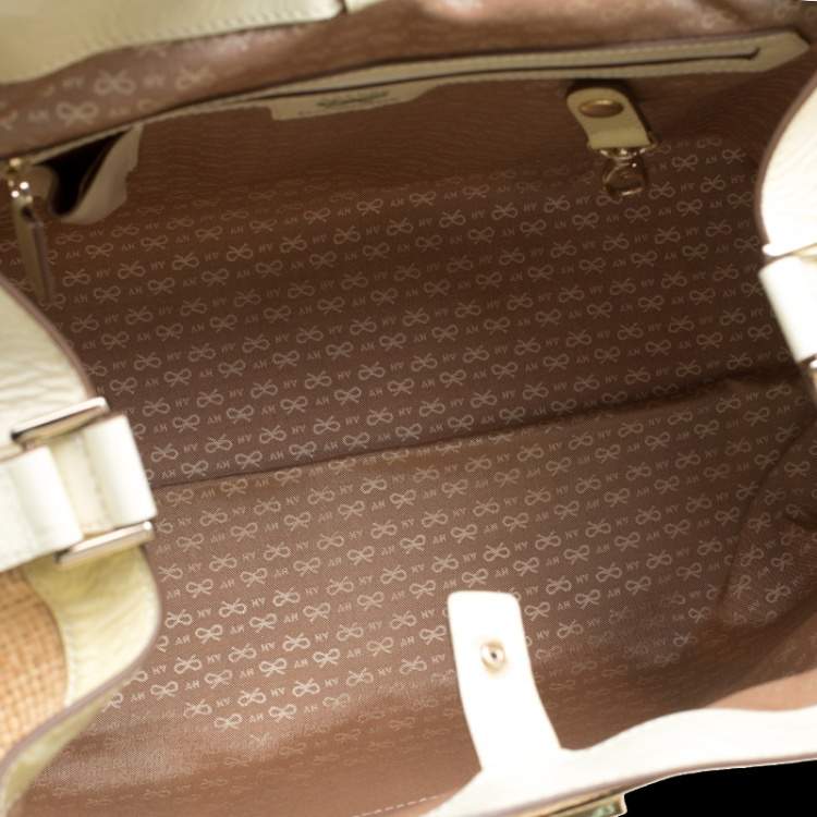 Pre Owned Anya Hindmarch Beige/Cream Raffia and Patent Leather Tote