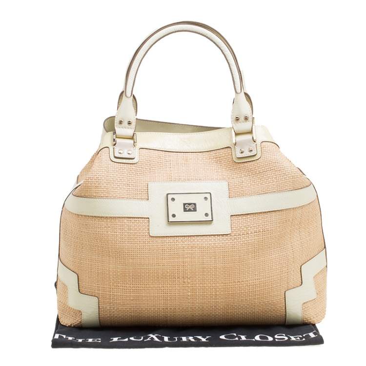 Pre Owned Anya Hindmarch Beige/Cream Raffia and Patent Leather Tote