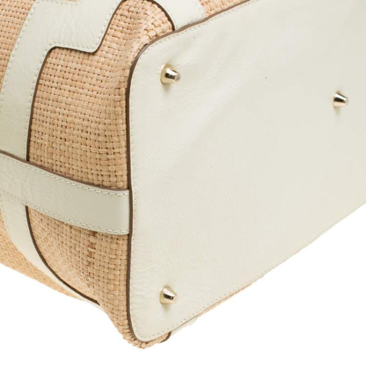 Pre Owned Anya Hindmarch Beige/Cream Raffia and Patent Leather Tote