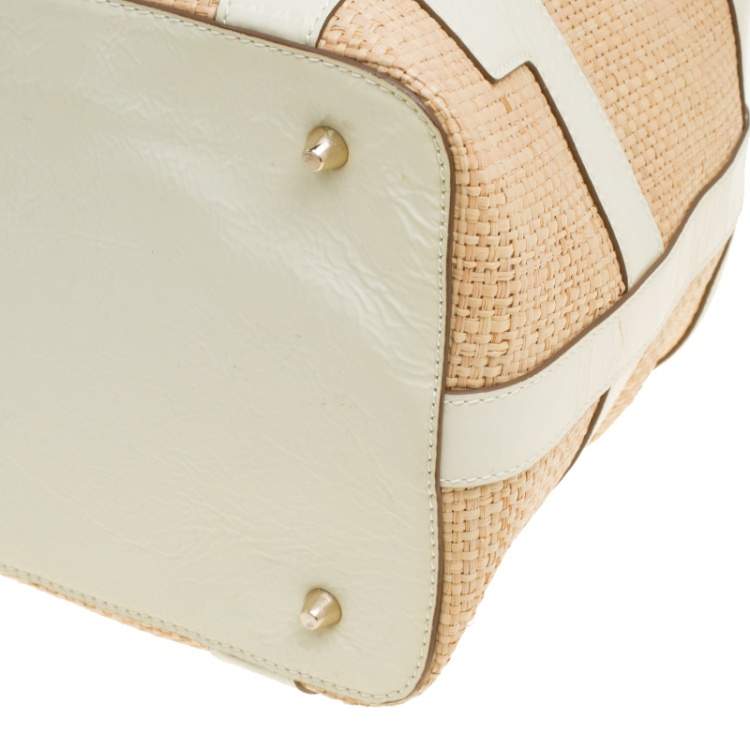 Pre Owned Anya Hindmarch Beige/Cream Raffia and Patent Leather Tote