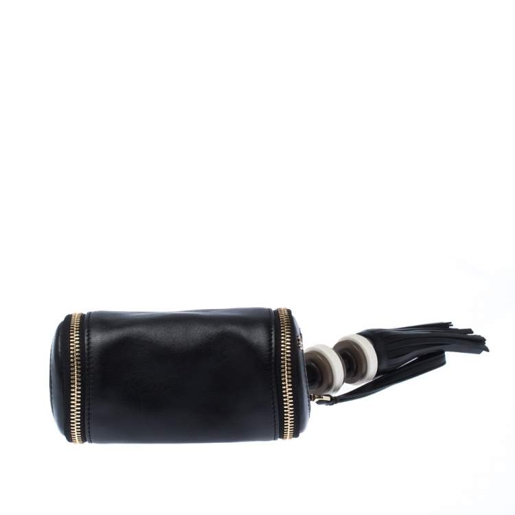 Pre Owned Anya Hindmarch Black Leather Cylinder All Sorts Wristlet Clutch 