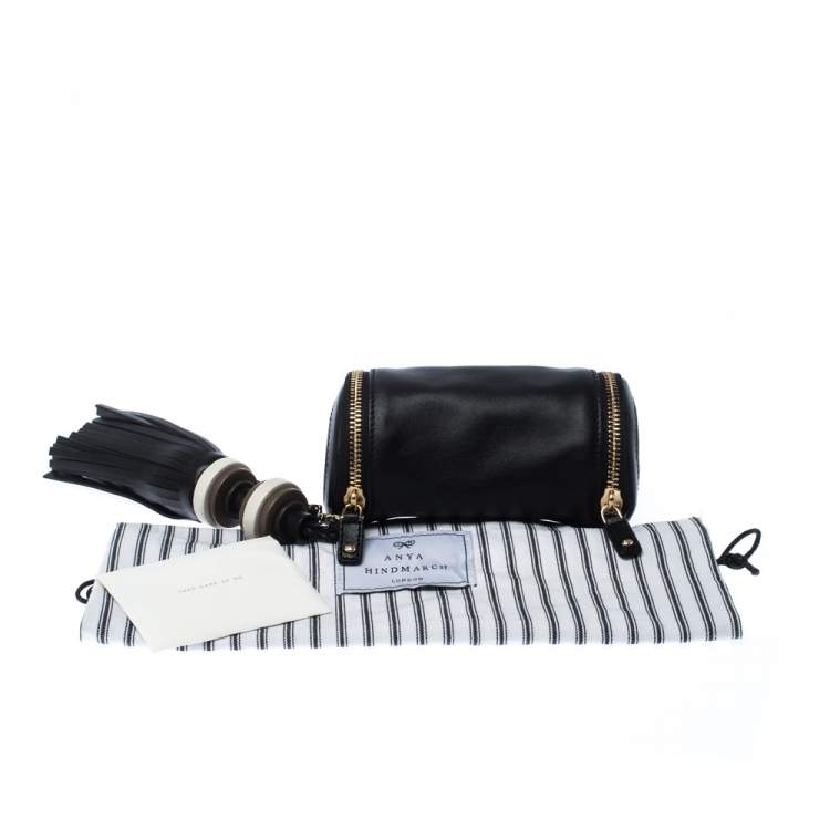 Pre Owned Anya Hindmarch Black Leather Cylinder All Sorts Wristlet Clutch 