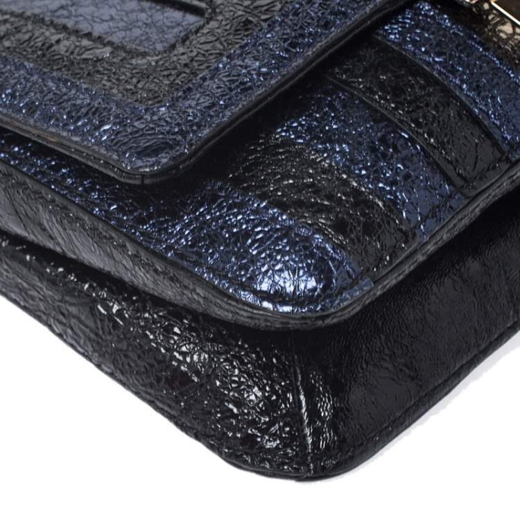 Pre Owned Anya Hindmarch Blue/Black Textured Stripe Leather Flap Crossbody Bag