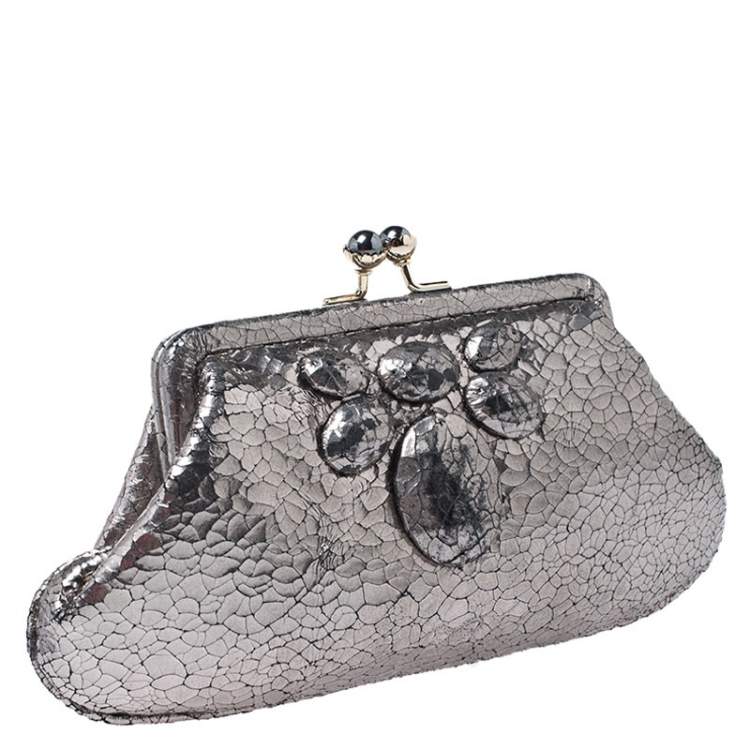 Pre Owned Anya Hindmarch Silver Crackled Leather Knot Clutch