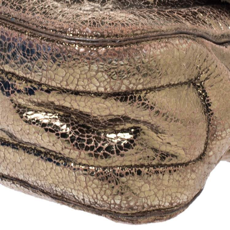 Pre Owned Anya Hindmarch Gold Laminated Suede Crackle Effect Flap Buckle Shoulder Bag