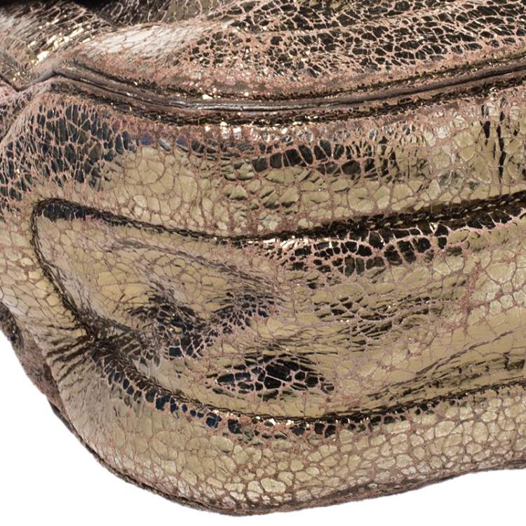 Pre Owned Anya Hindmarch Gold Laminated Suede Crackle Effect Flap Buckle Shoulder Bag