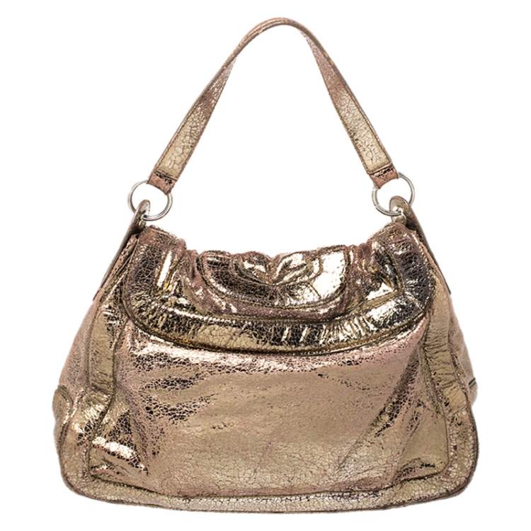 Pre Owned Anya Hindmarch Gold Laminated Suede Crackle Effect Flap Buckle Shoulder Bag