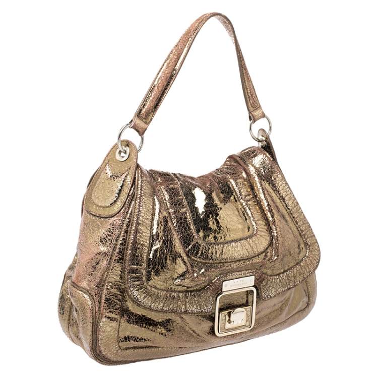 Pre Owned Anya Hindmarch Gold Laminated Suede Crackle Effect Flap Buckle Shoulder Bag