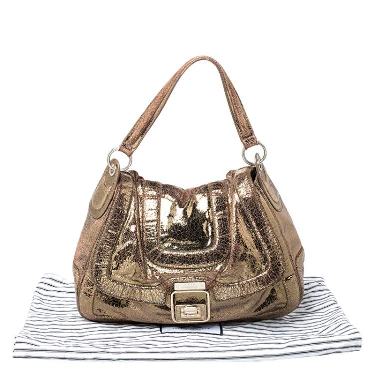 Pre Owned Anya Hindmarch Gold Laminated Suede Crackle Effect Flap Buckle Shoulder Bag