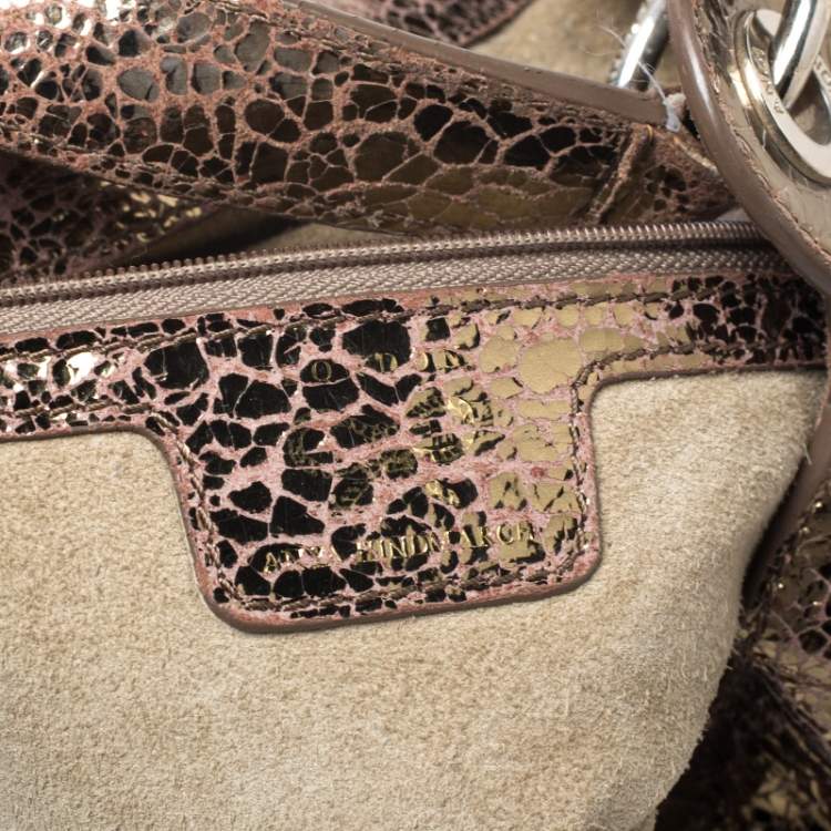 Pre Owned Anya Hindmarch Gold Laminated Suede Crackle Effect Flap Buckle Shoulder Bag