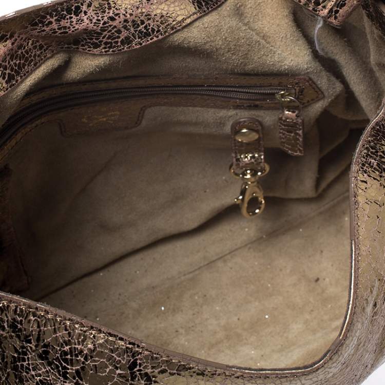 Pre Owned Anya Hindmarch Gold Laminated Suede Crackle Effect Flap Buckle Shoulder Bag