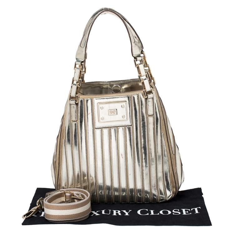 Pre Owned Anya Hindmarch Metallic Gold Striped Leather Belvedere Tote