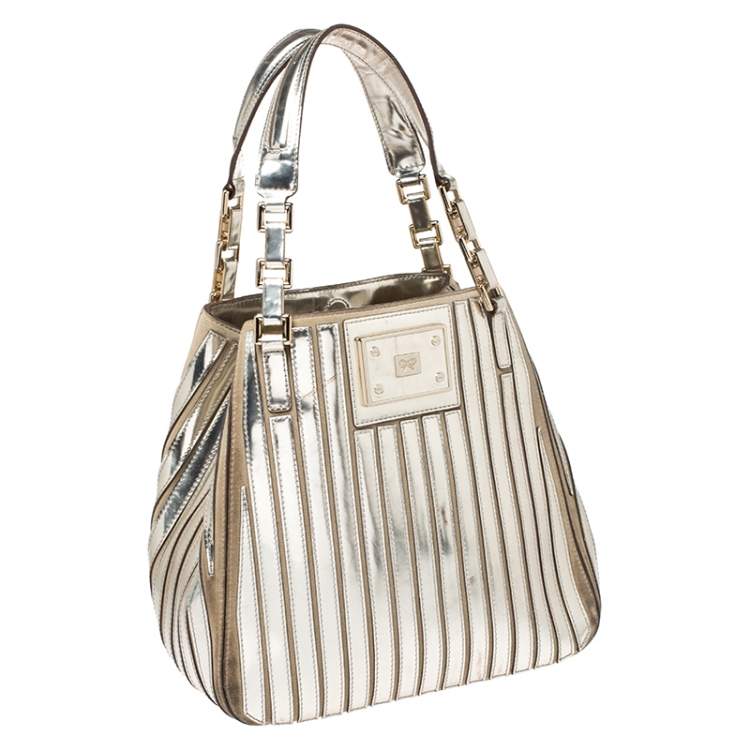 Pre Owned Anya Hindmarch Metallic Gold Striped Leather Belvedere Tote