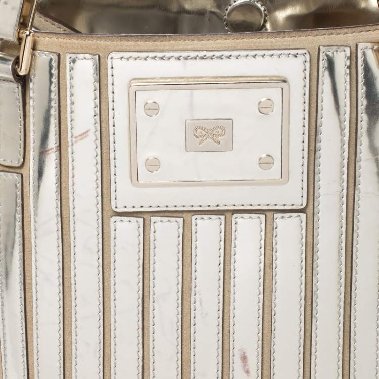 Pre Owned Anya Hindmarch Metallic Gold Striped Leather Belvedere Tote