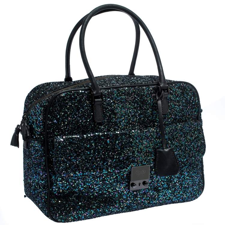 Pre Owned Anya Hindmarch Dark Blue Glitter Carker Boston Bag