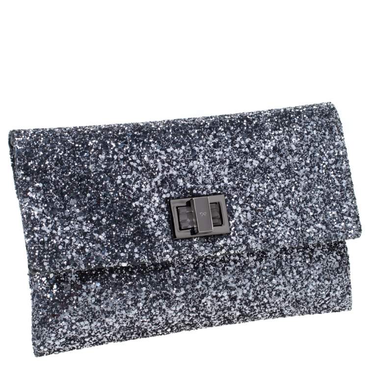 Pre Owned Anya Hindmarch Silver Glitter Valorie Clutch