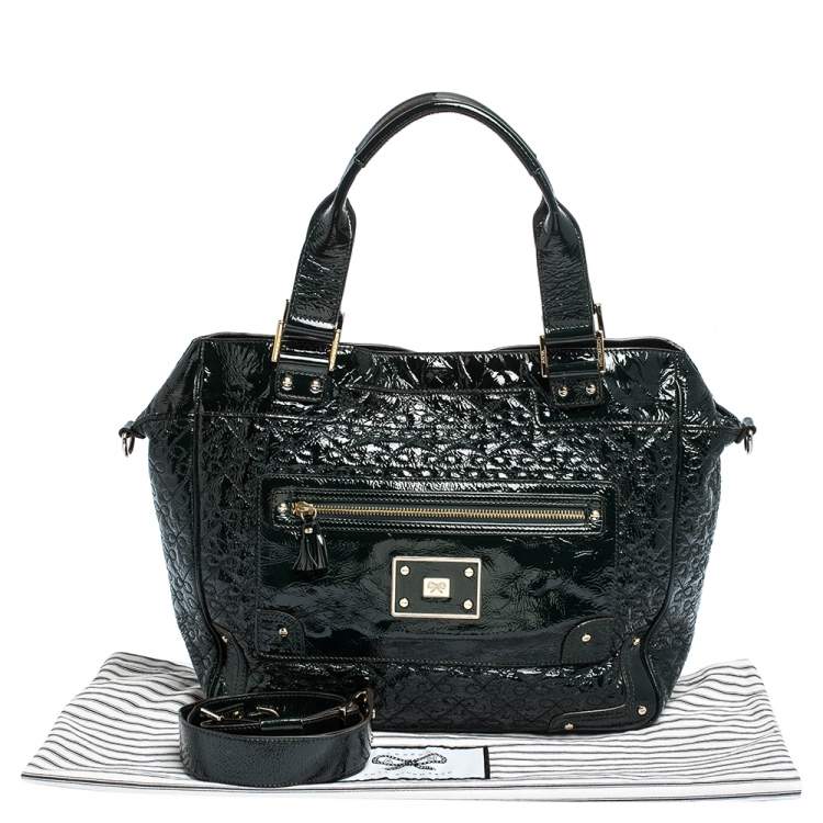 Pre Owned Anya Hindmarch Deep Green Patent Leather Art Logo Tote