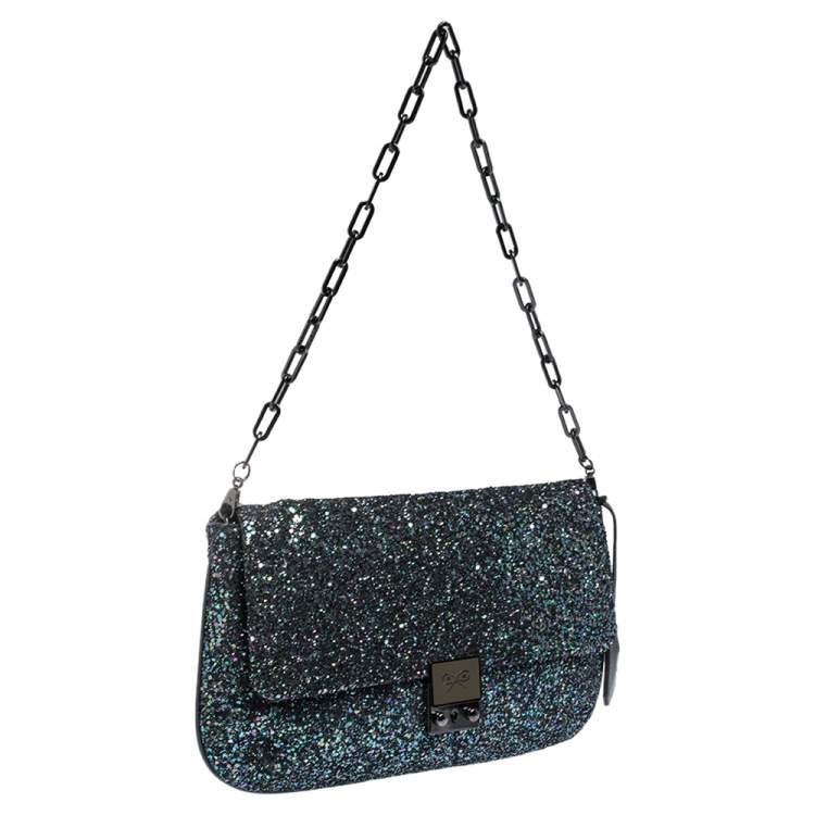 Pre Owned Anya Hindmarch Blue Glitter and Leather Flap Chain Shoulder Bag
