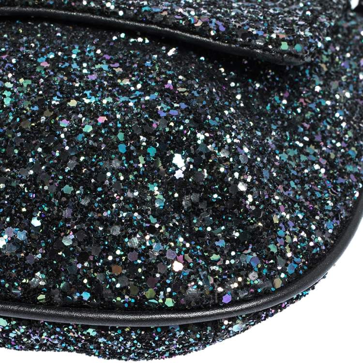 Pre Owned Anya Hindmarch Blue Glitter and Leather Flap Chain Shoulder Bag