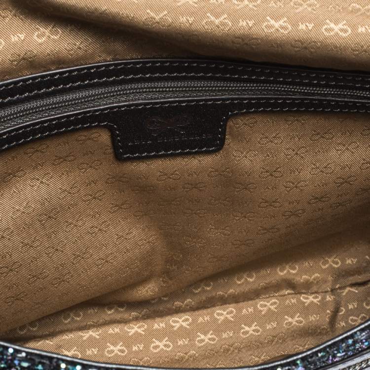 Pre Owned Anya Hindmarch Blue Glitter and Leather Flap Chain Shoulder Bag