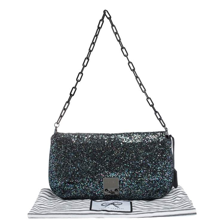 Pre Owned Anya Hindmarch Blue Glitter and Leather Flap Chain Shoulder Bag