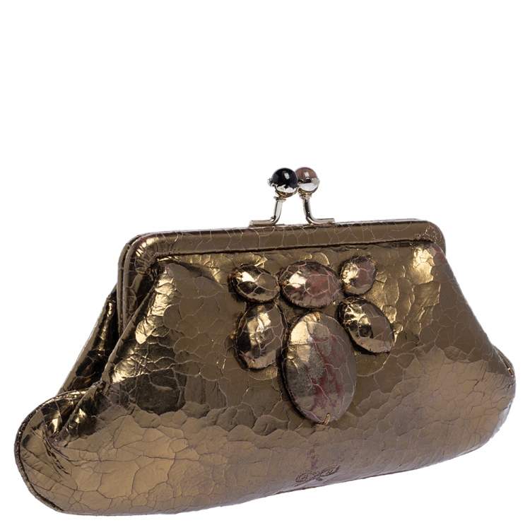 Pre Owned Anya Hindmarch Metallic Gold Ceramic Effect Leather Kiss Lock Clutch 