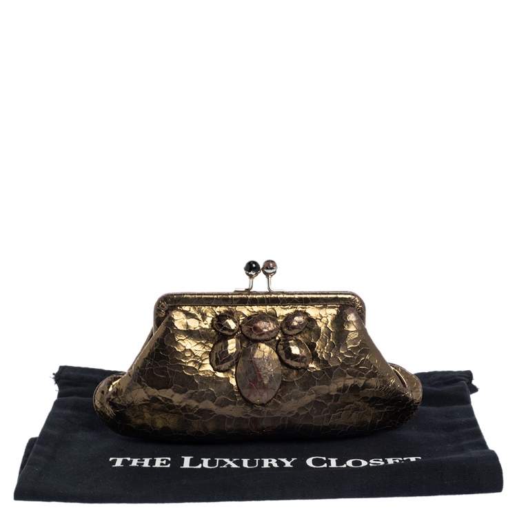 Pre Owned Anya Hindmarch Metallic Gold Ceramic Effect Leather Kiss Lock Clutch 