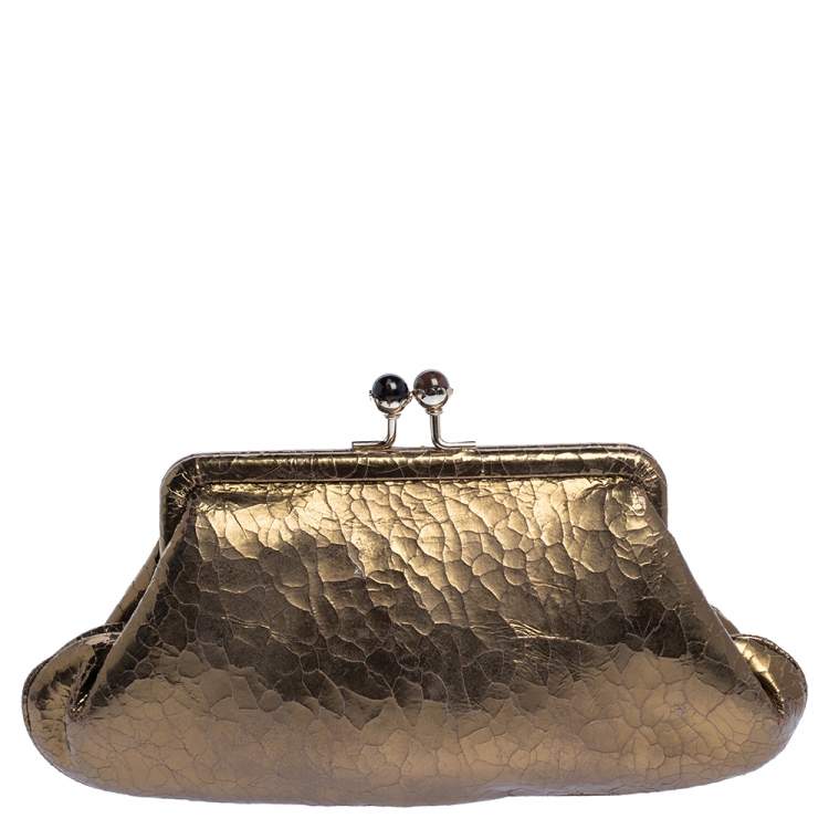 Pre Owned Anya Hindmarch Metallic Gold Ceramic Effect Leather Kiss Lock Clutch 