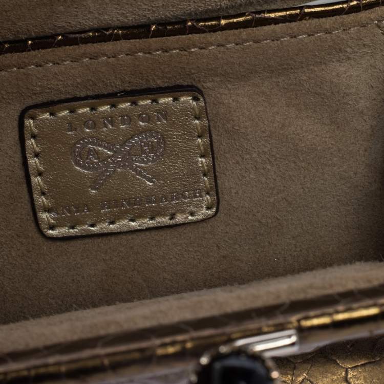 Pre Owned Anya Hindmarch Metallic Gold Ceramic Effect Leather Kiss Lock Clutch 