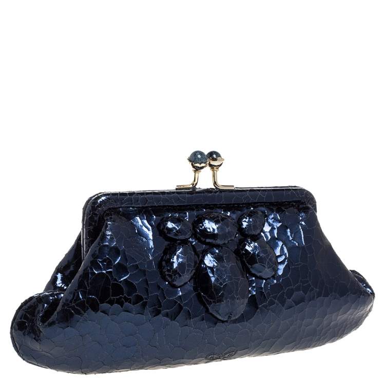 Pre Owned Anya Hindmarch Metallic Blue Ceramic Effect Leather Kiss Lock Clutch 