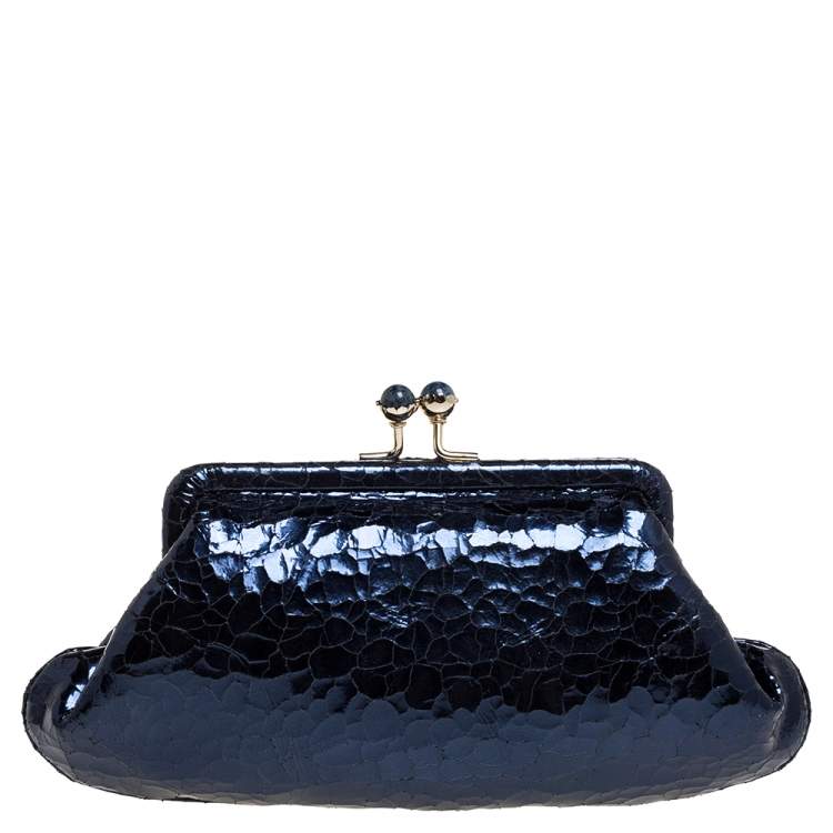 Pre Owned Anya Hindmarch Metallic Blue Ceramic Effect Leather Kiss Lock Clutch 