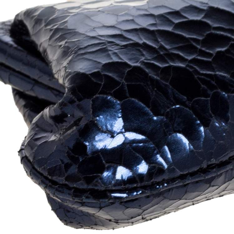 Pre Owned Anya Hindmarch Metallic Blue Ceramic Effect Leather Kiss Lock Clutch 